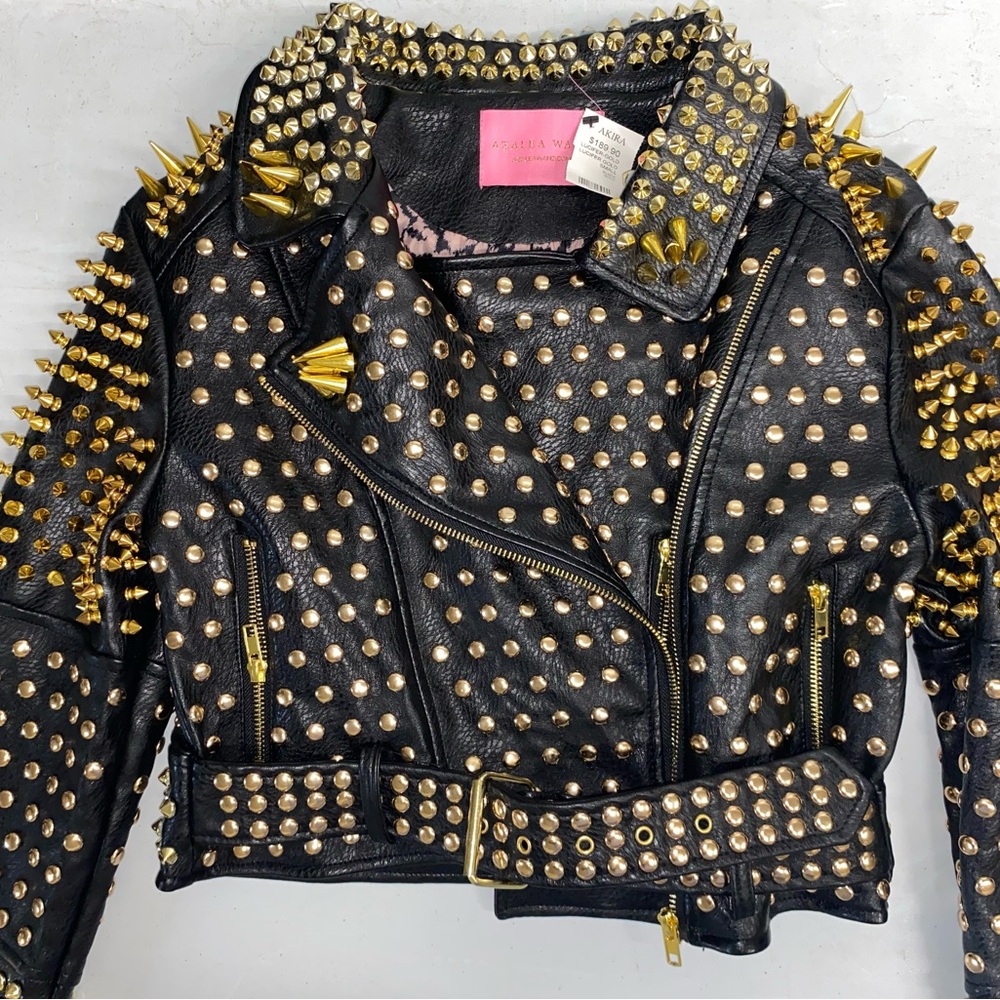 Azalea Wang Akira Gold Studded Cropped Faux Leather Jacket